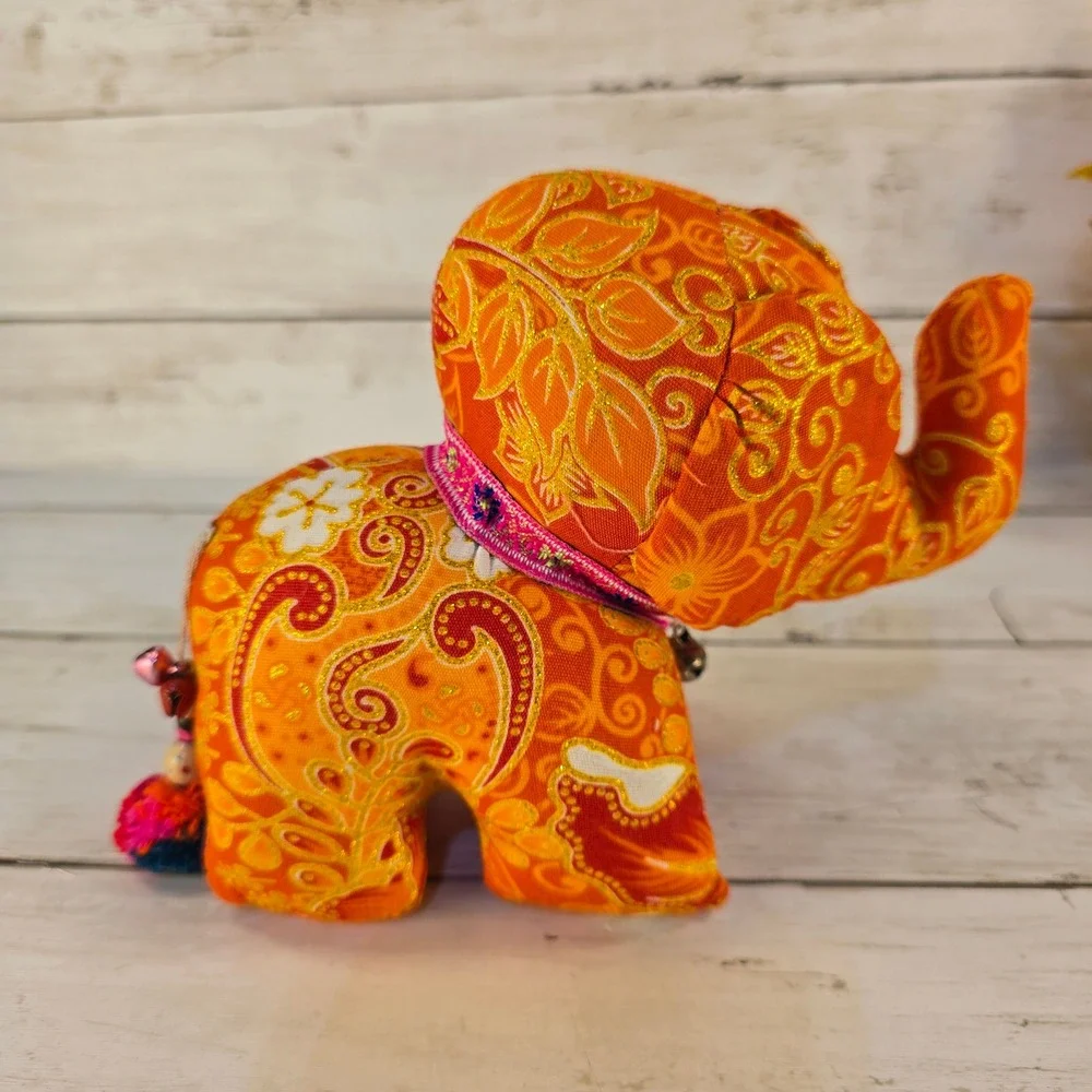 Chinese Zodiac Plush Set Red Sequin Dragon and Orange Floral‎ Elephant Decor